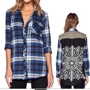 Tolani Blue Plaid Flannel Button Down Shirt with Back Medallion Print